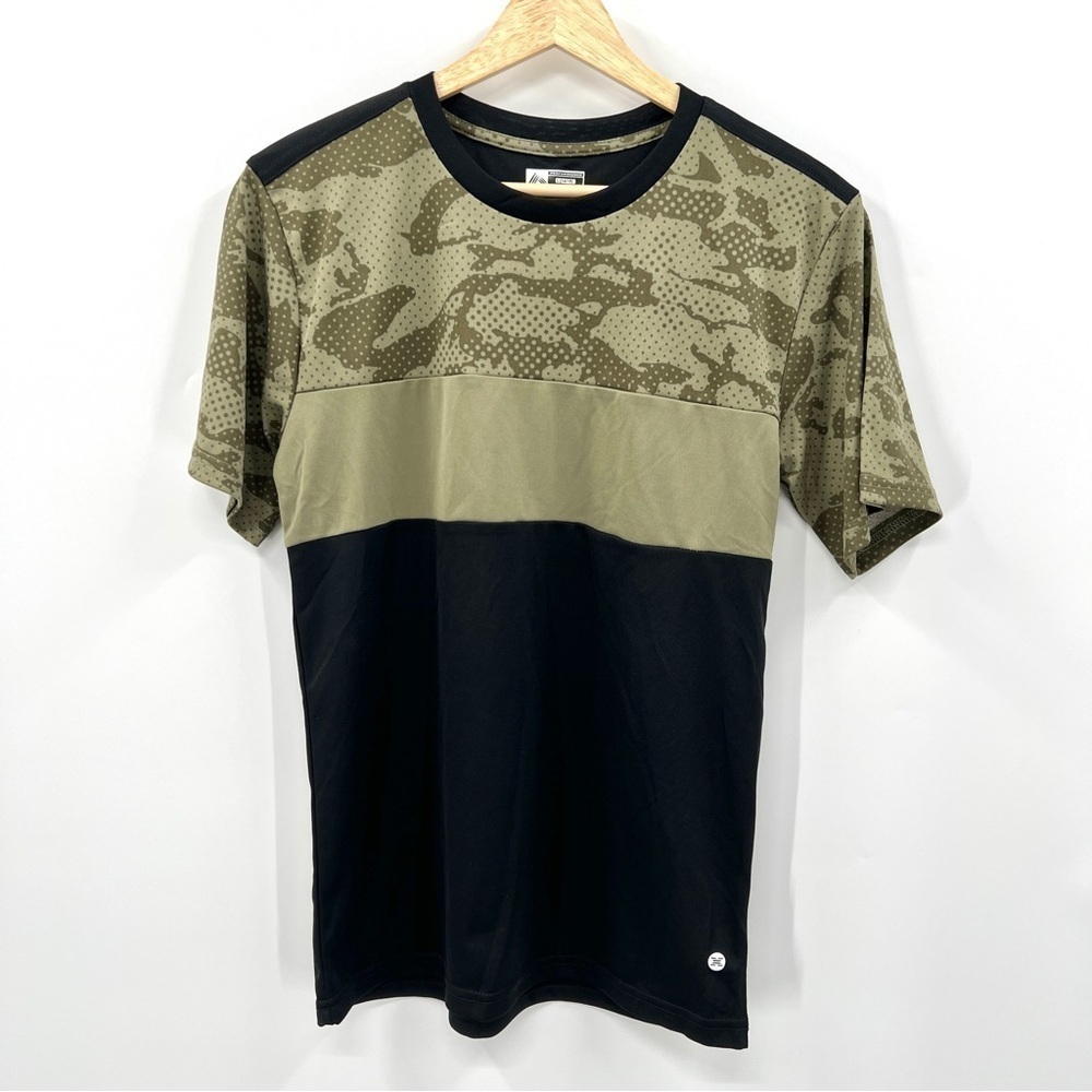 RBX Woman's Black & Green Camo Short Sleeve Activewear Top Size L